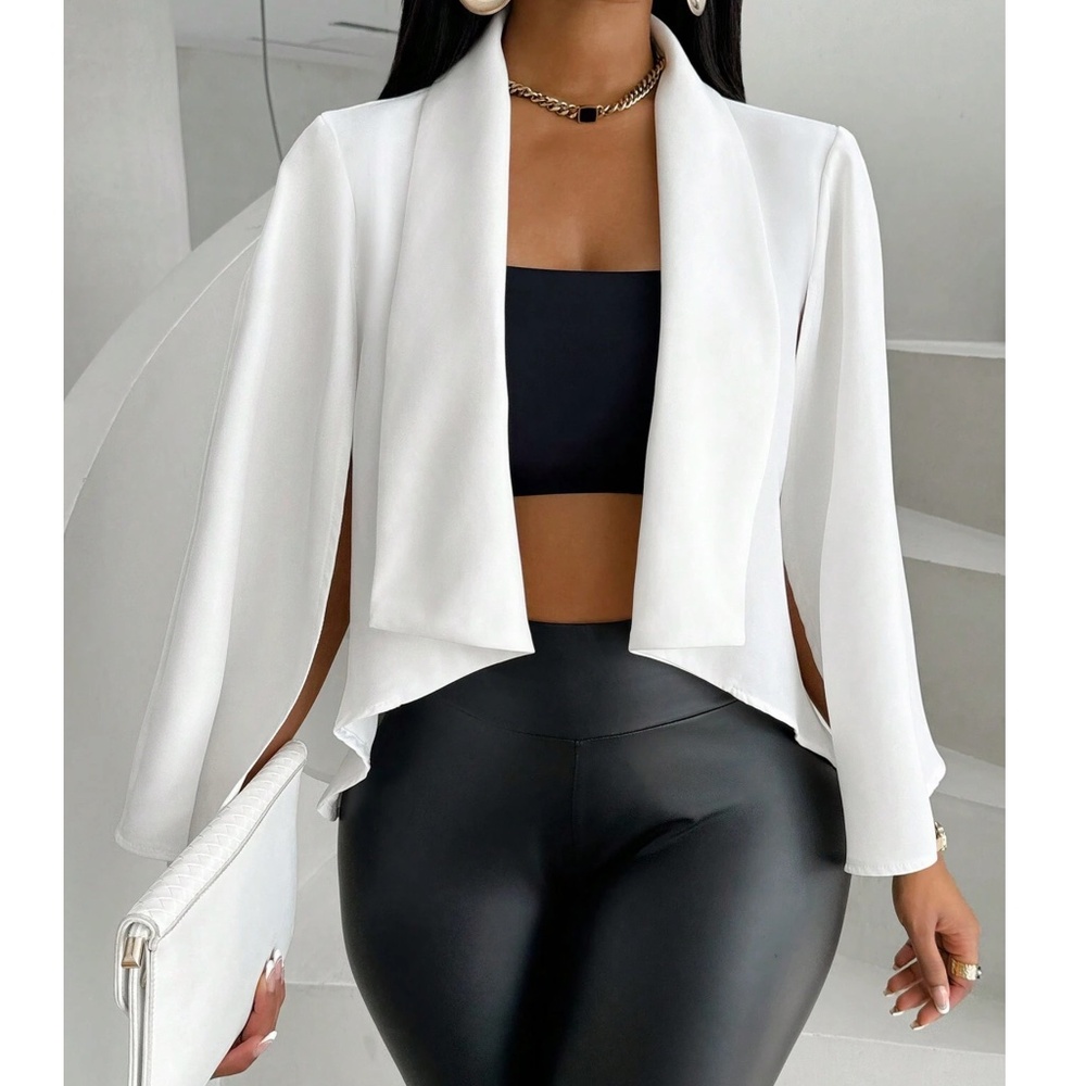 White Minimalist Cape Open Front Blazer Jacket